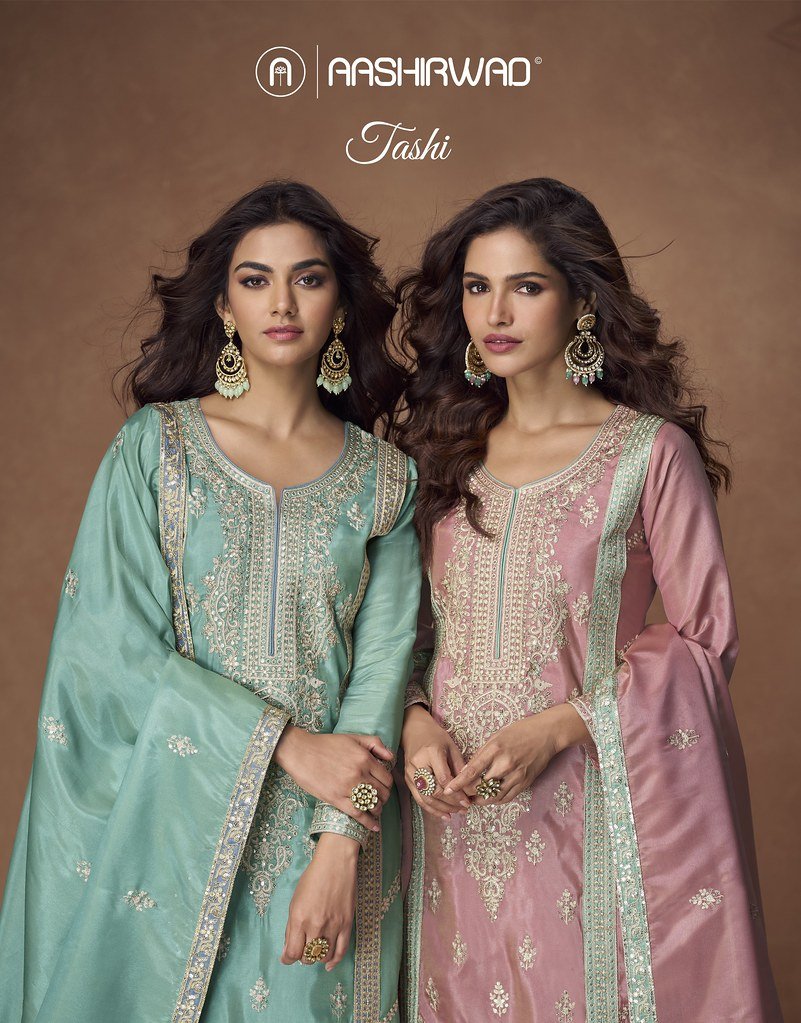 TASHI BY AASHIRWAD CREATION 10212 TO 10214 SERIES ORGANZA SIMAR SILK DRESSES