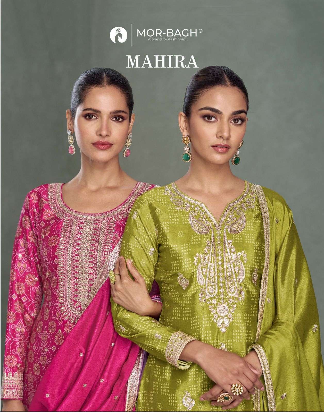 MOR-BAGH MAHIRA BY AASHIRWAD CREATION 10404 TO 10406 SERIES CHINON SILK DRESSES