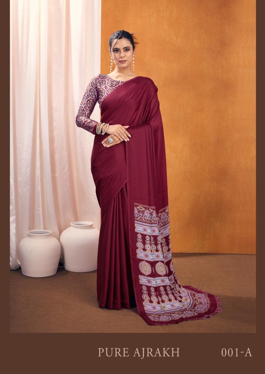 PURE AJRAKH 001 BY RAJTEX 001-A TO 001-F SERIES MODAL SATIN SAREES