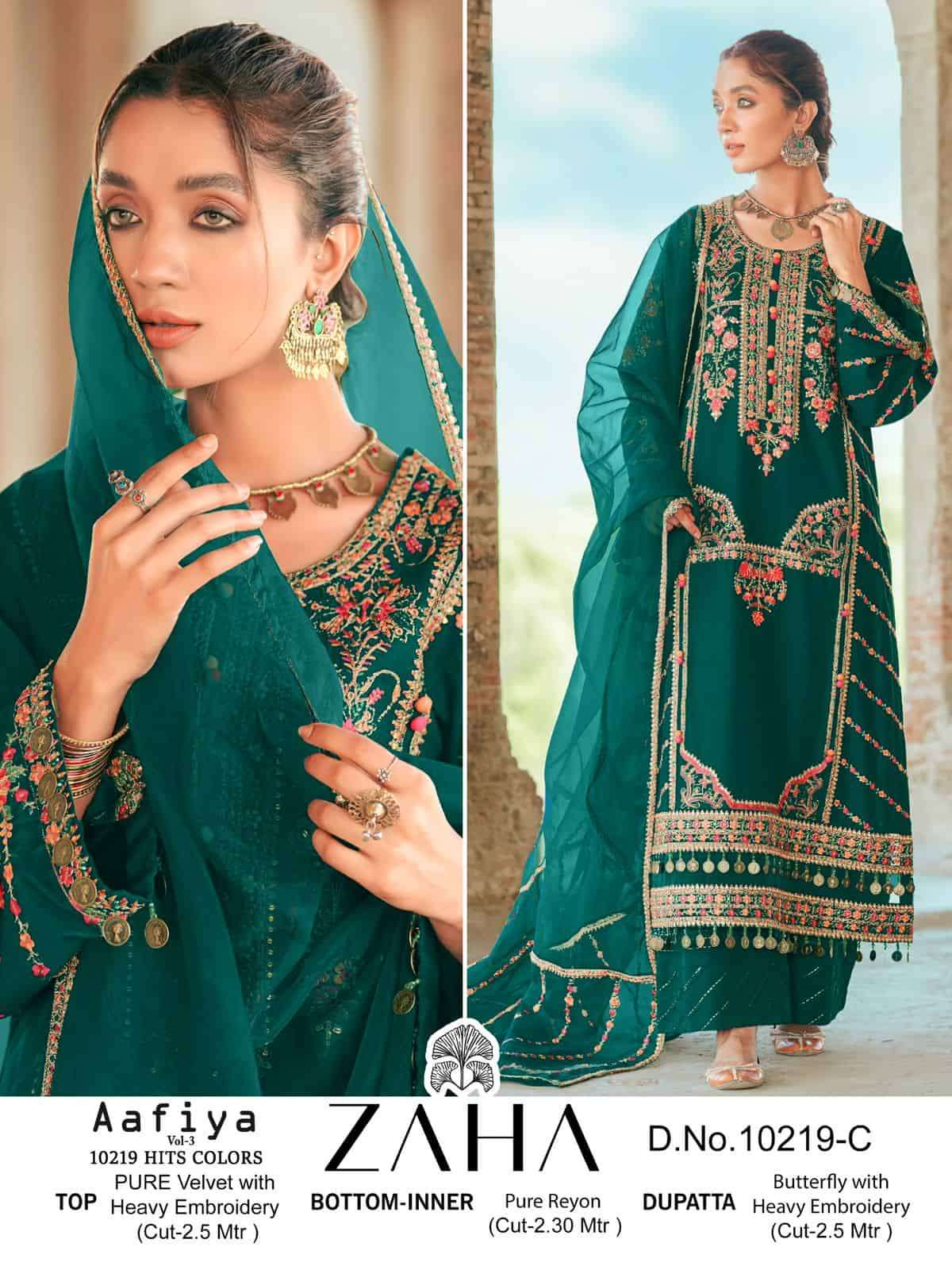 AAFIYA VOL-3 10219 HITS COLORS BY ZAHA 10219-A TO 10219-D SERIES VELVET PAKISTANI DRESSES