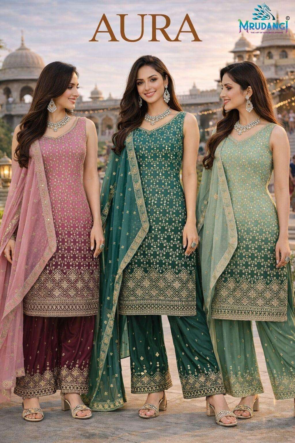 AURA BY MRUDANGI 848 TO 850 SERIES REAL GEORGETTE STITCHED DRESSES