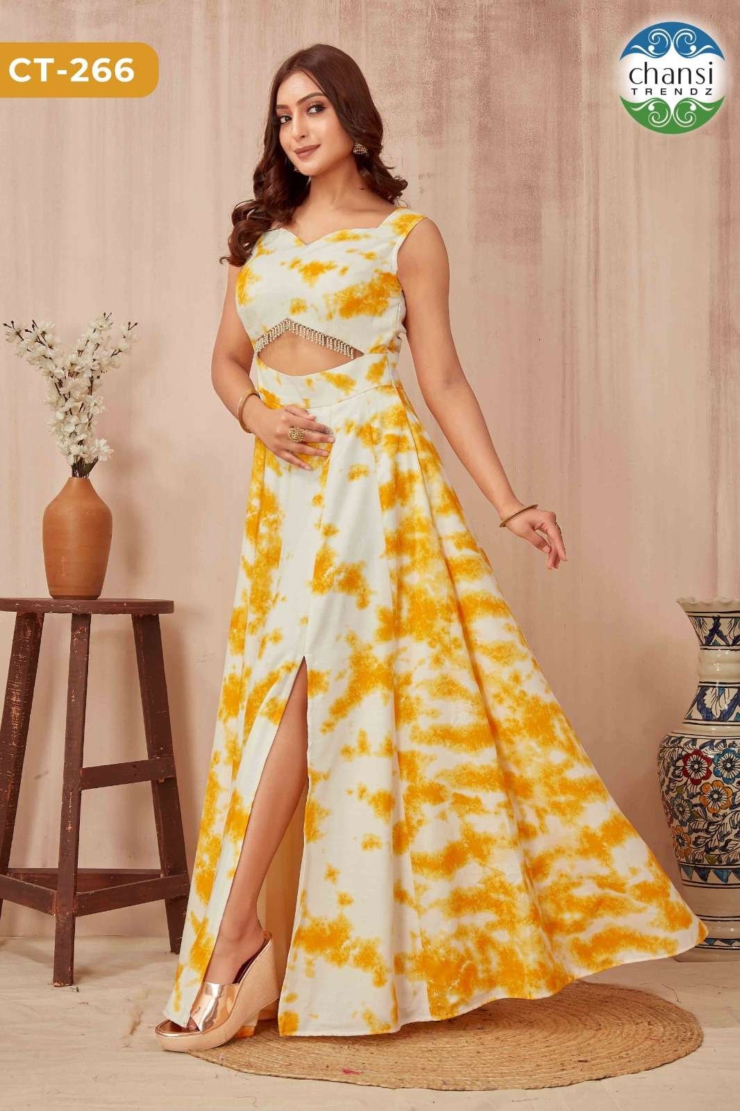 CT-266 BY CHANSI TRENDZ FANCY DESIGNER YELLOW SHIBORI SLEEVLESS GOWN