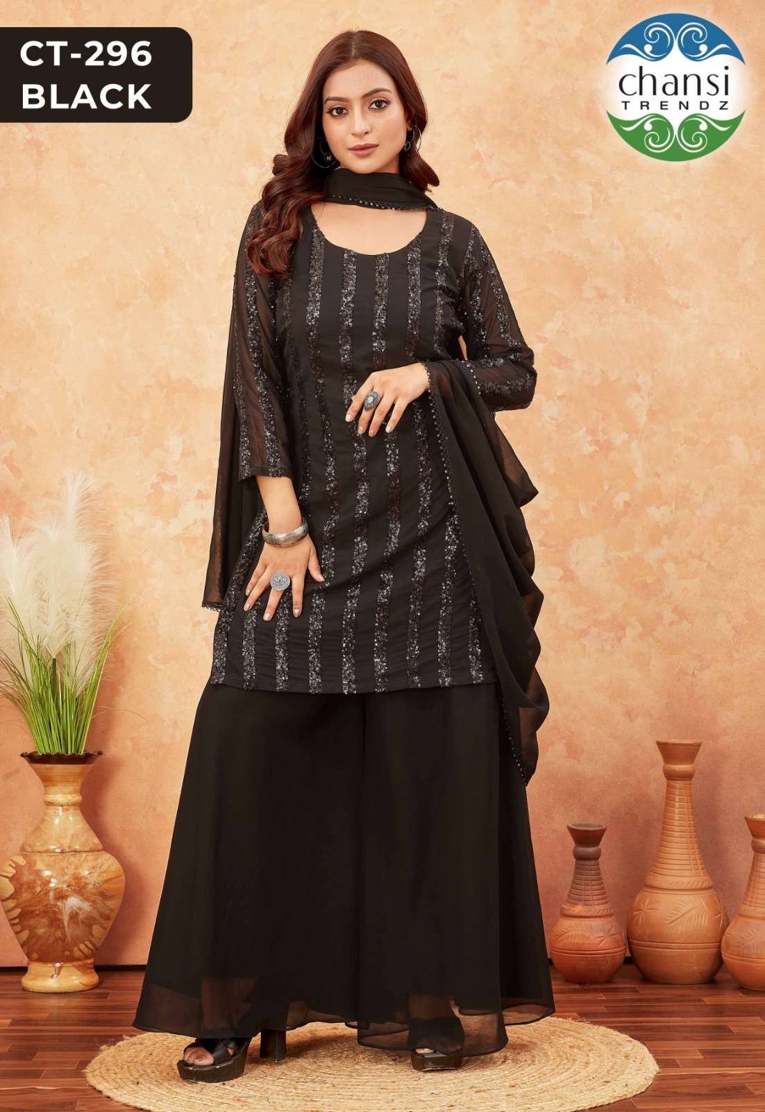 CT-296-BLACK BY CHANSI TRENDZ FANCY DESIGNER GEORGETTE STITCHED DRESS