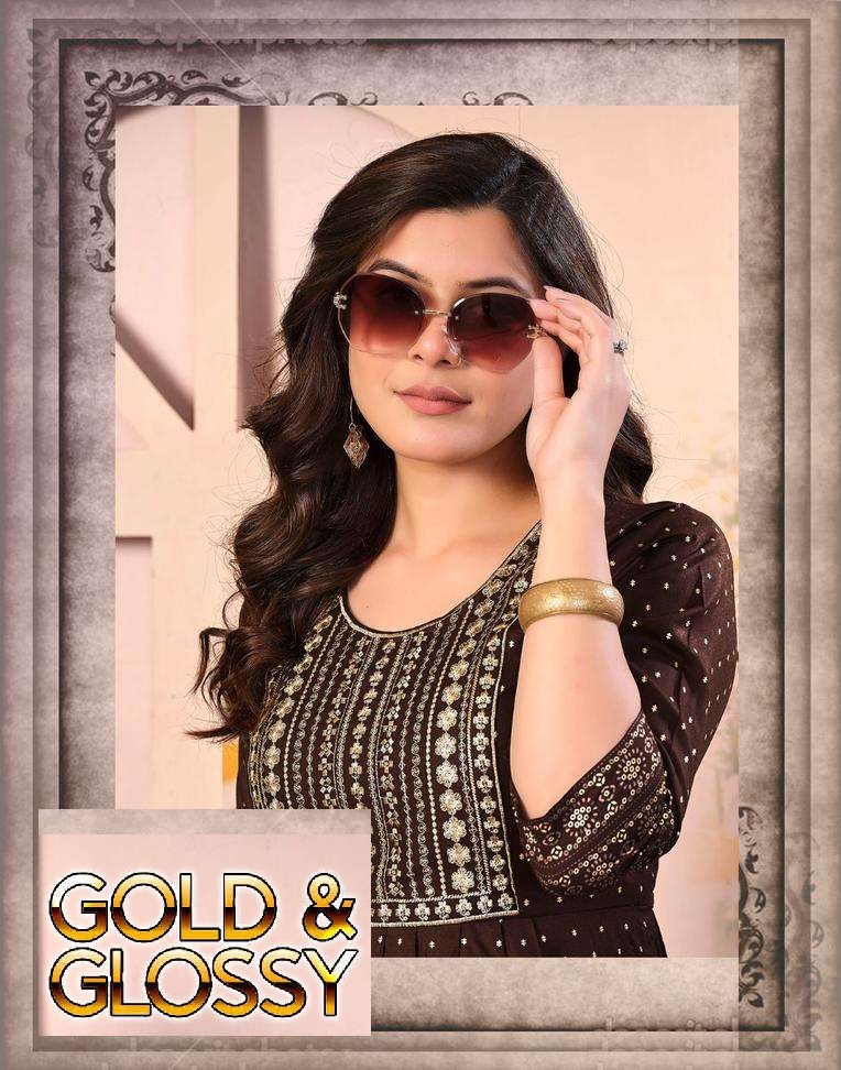 GOLD AND GLOSSY BY SUSWANI 4011 TO 4016 SERIES RAYON FOIL PRINTED GOWNS