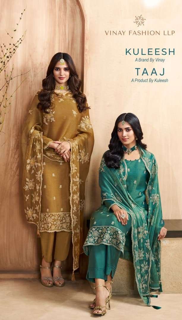 KULEESH TAAJ BY VINAY FASHION 77461 TO 77464 SERIES GOLD SILK DRESSES