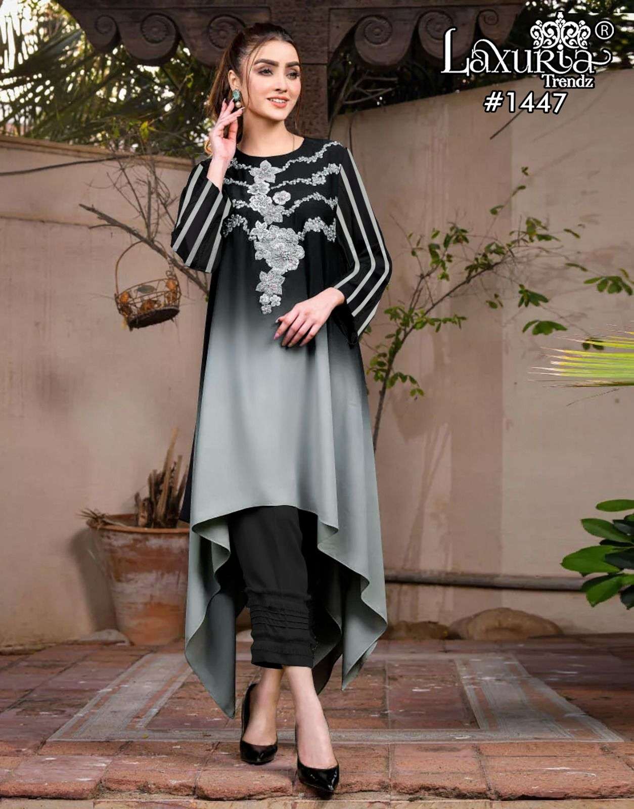 LAXURIA 1447 BY LAXURIA TRENDZ FANCY MUSLIN PAKISTANI KURTI WITH PANT