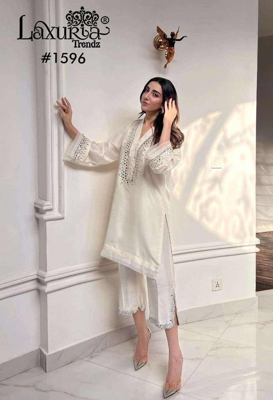 LAXURIA 1596 BY LAXURIA TRENDZ FANCY SATIN PAKISTANI KURTI WITH PANT