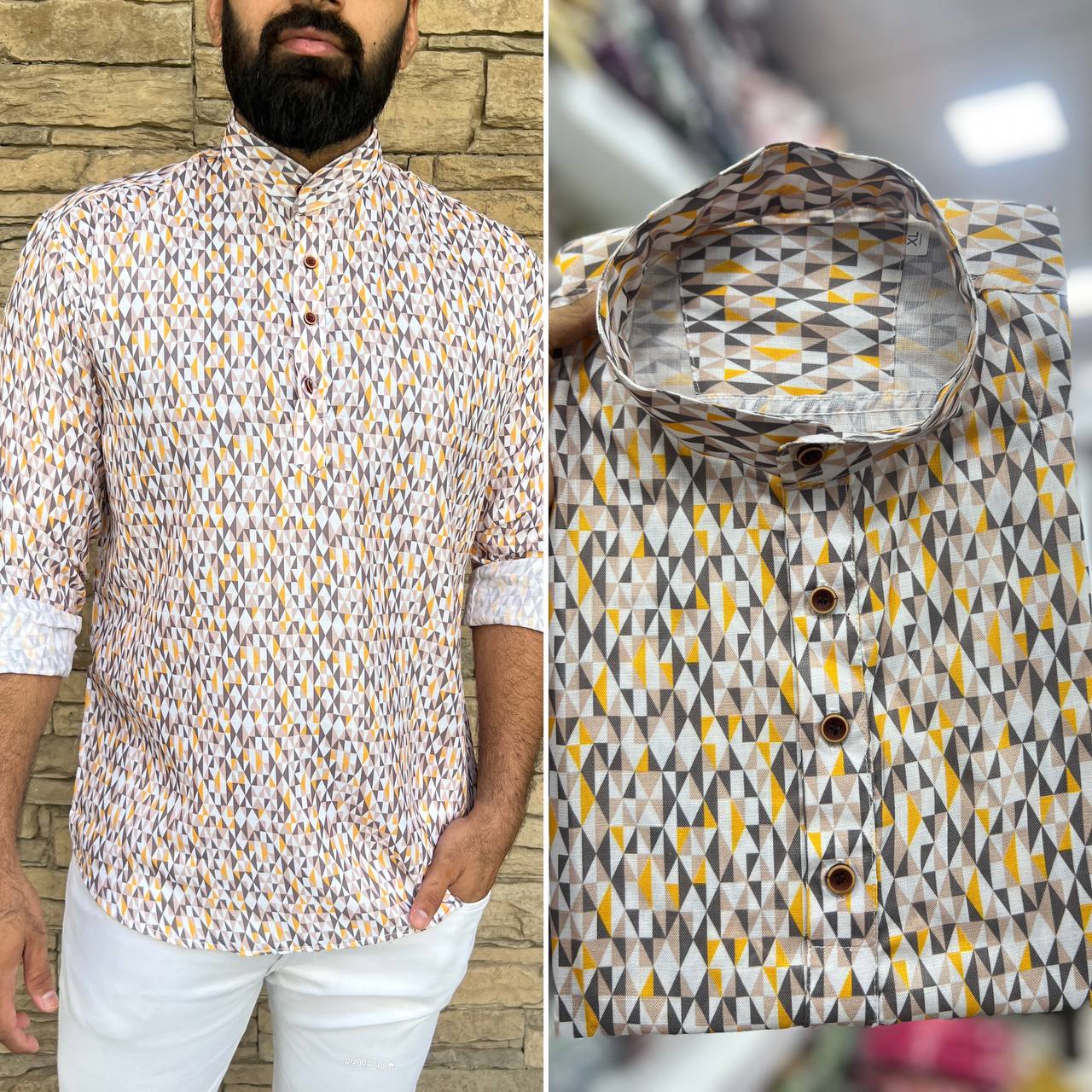 LEO BY SUSWANI SOFT COTTON PRINT FULL SLEEVES MENS SHORT KURTAS