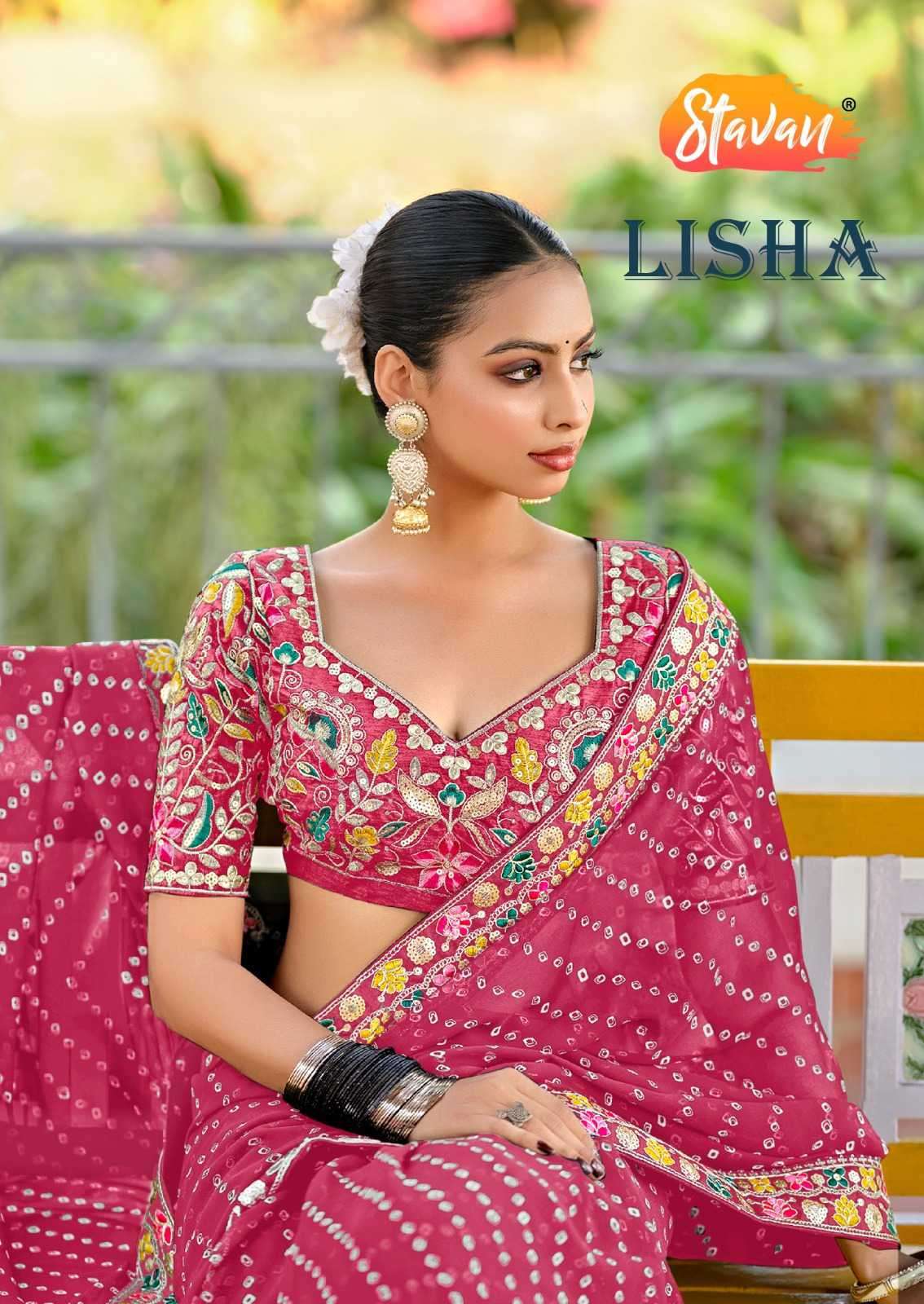 LISHA BY STAVAN 1001 TO 1010 SERIES GEORGETTE BANDHANI PRINT SAREES