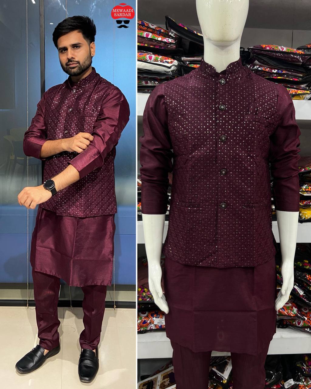 MANYAVAR 5.0 BY SUSWANI HEAVY BANGLORI SILK MENS KURTA PYJAMA WITH KOTI