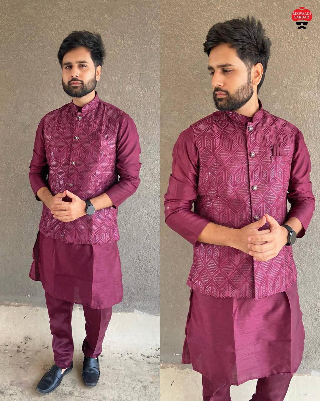 MANYAVAR 7.0 BY SUSWANI BANGLORI SILK MENS KURTA PYJAMA WITH KOTI