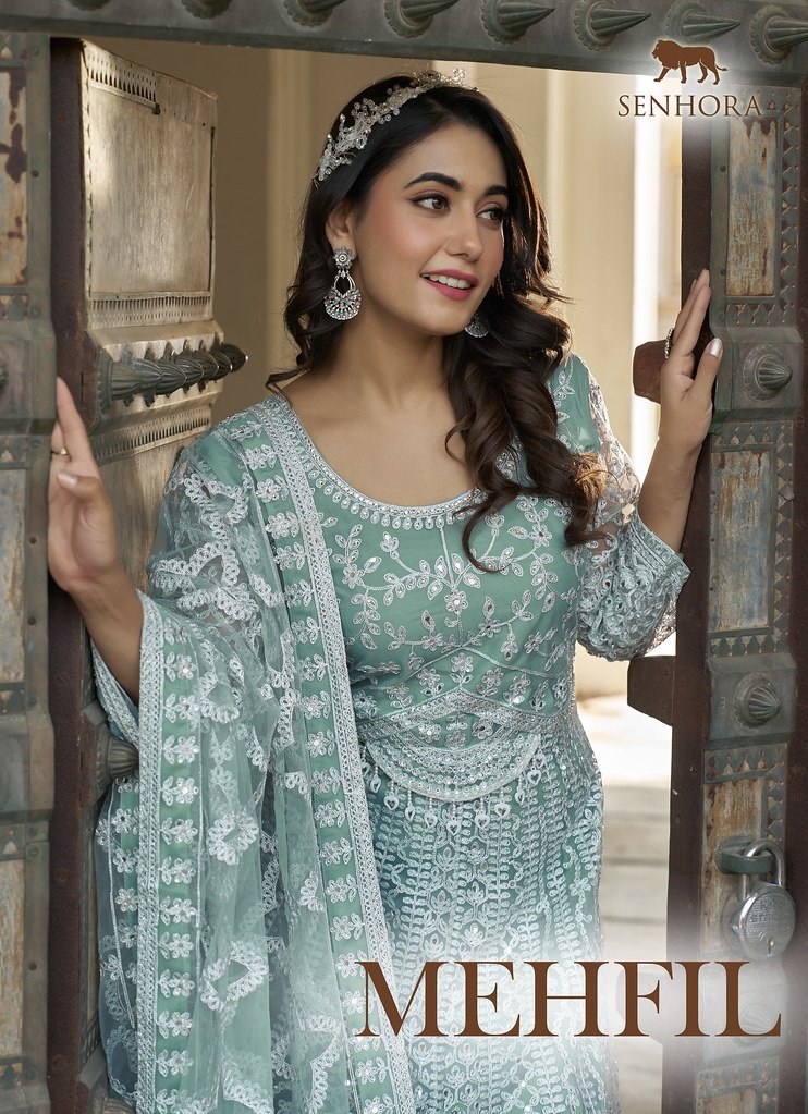 MEHFIL BY SENHORA 3095-A TO 3095-D SERIES PURE BUTTERYFLY NET GOWNS