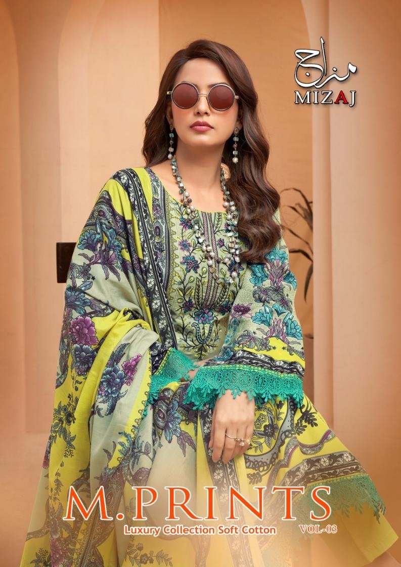 MIZAJ M. PRINTS VOL-3 BY KEVAL FAB 3001 TO 3008 SERIES COTTON PAKISTANI DRESSES