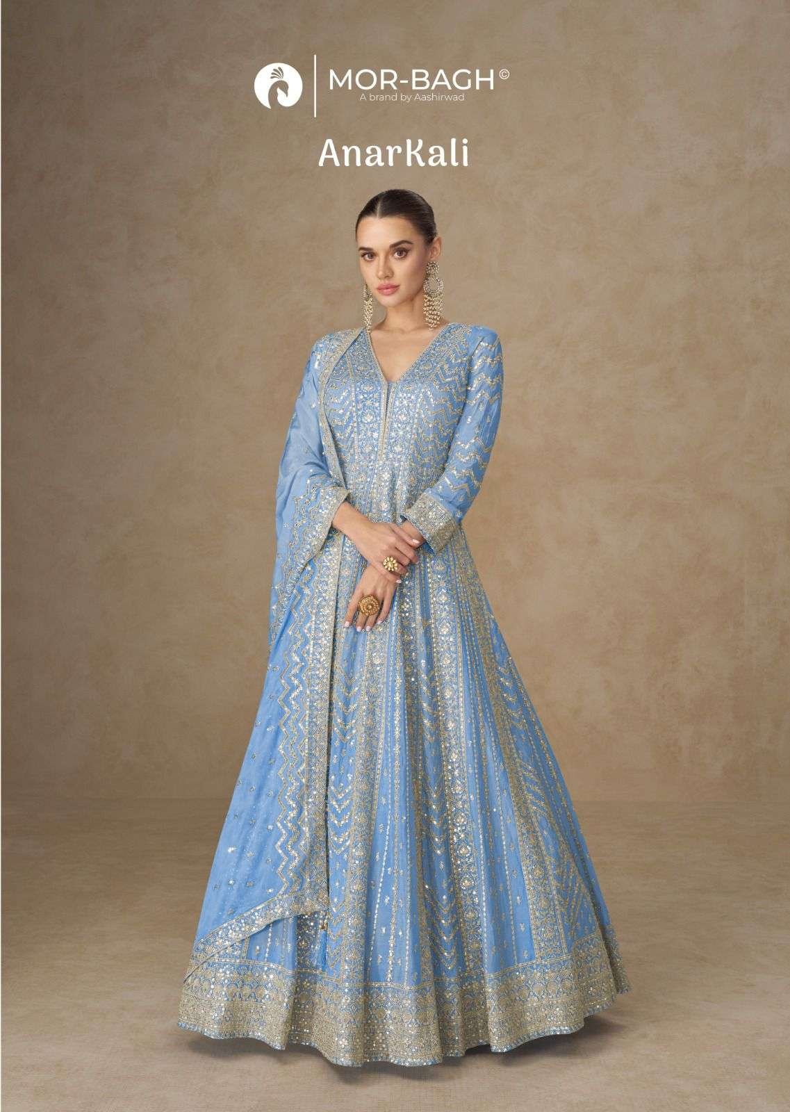 MOR-BAGH ANARKALI BY AASHIRWAD CREATION 10358 TO 10361 SERIES CHINON SILK GOWNS