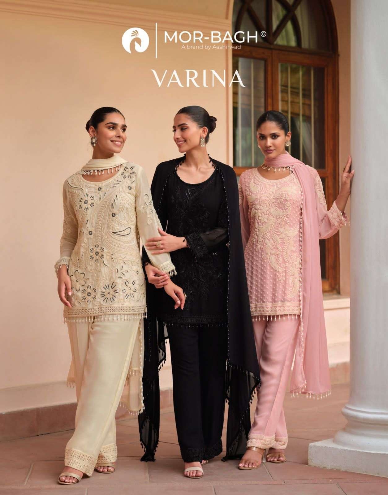 MOR-BAGH VARINA BY AASHIRWAD CREATION 10654 TO 10656 SERIES GEORGETTE DRESSES