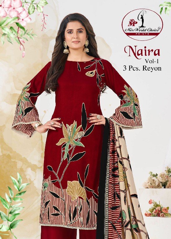 NAIRA VOL-1 BY MISS WORLD CHOICE 1001 TO 1005 SERIES RAYON DRESSES