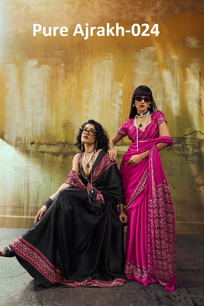 PURE AJRAKH-024 BY RAJTEX 024-A TO 024-F SERIES MODAL SATIN SAREES