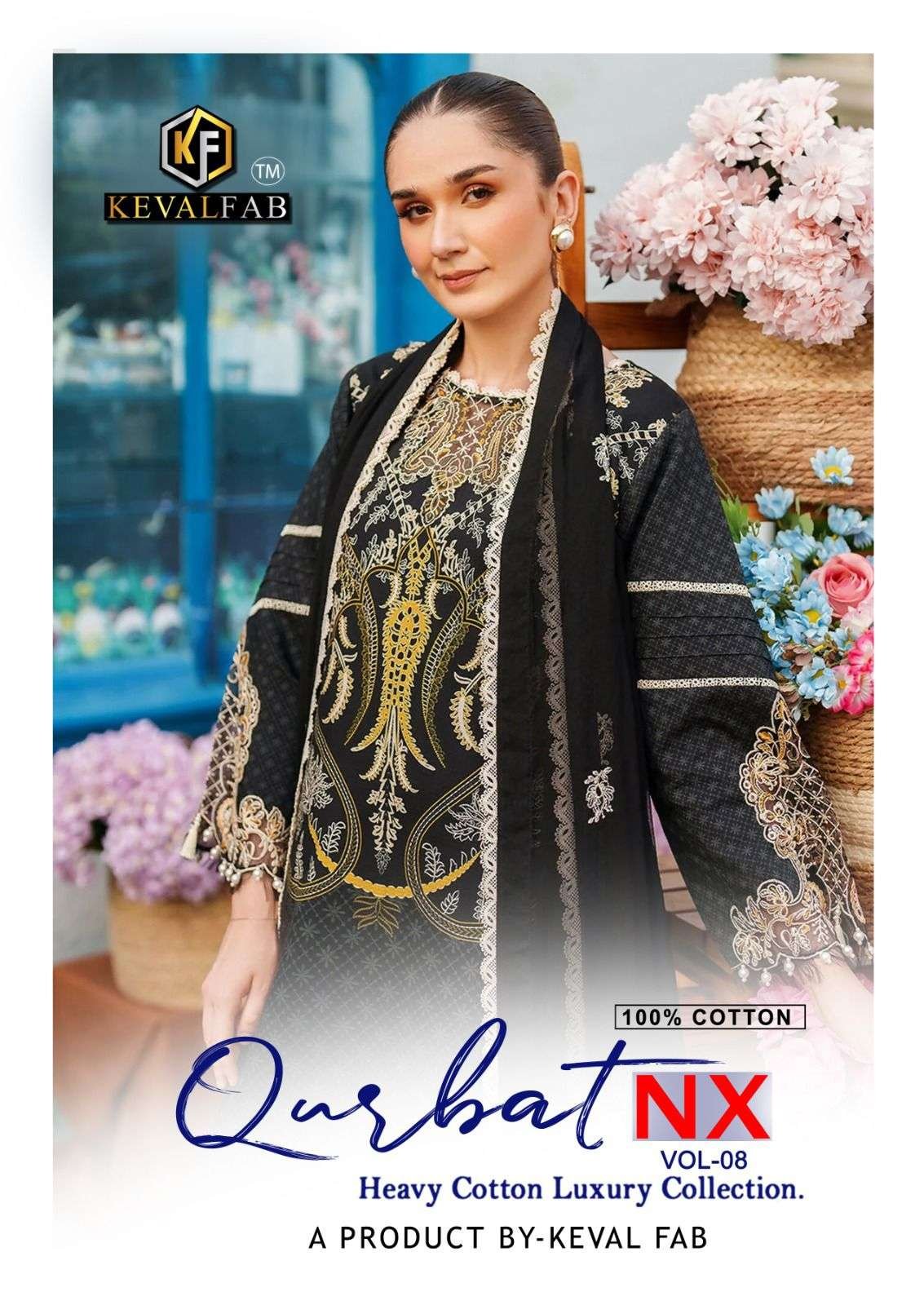 QURBAT NX VOL-8 BY KEVAL FAB 8001 TO 8006 SERIES COTTON PAKISTANI DRESSES
