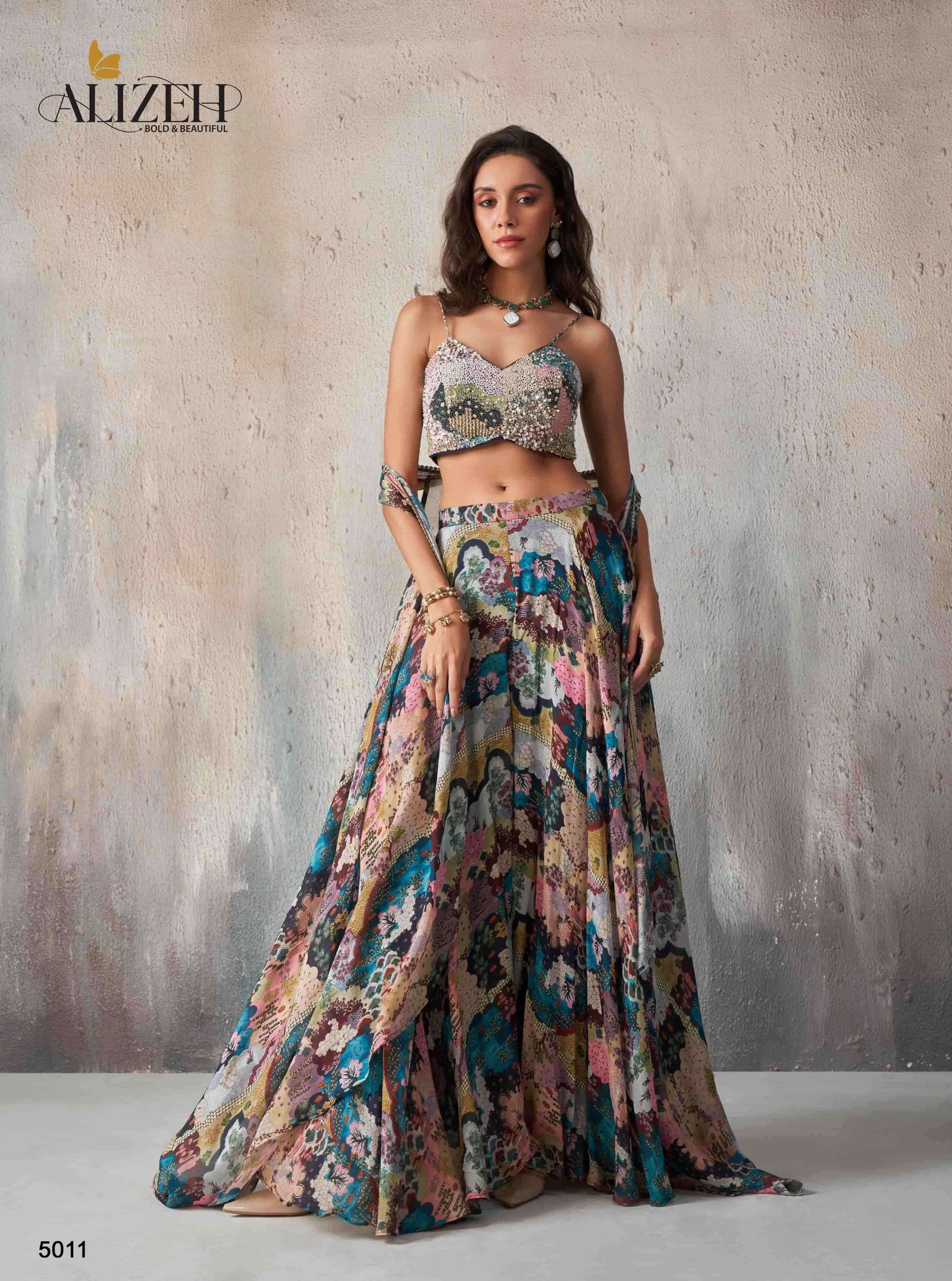 READYMADE 5011 BY ALIZEH CHINON PRINTED BLOUSE WITH SHARARA AND CAPE