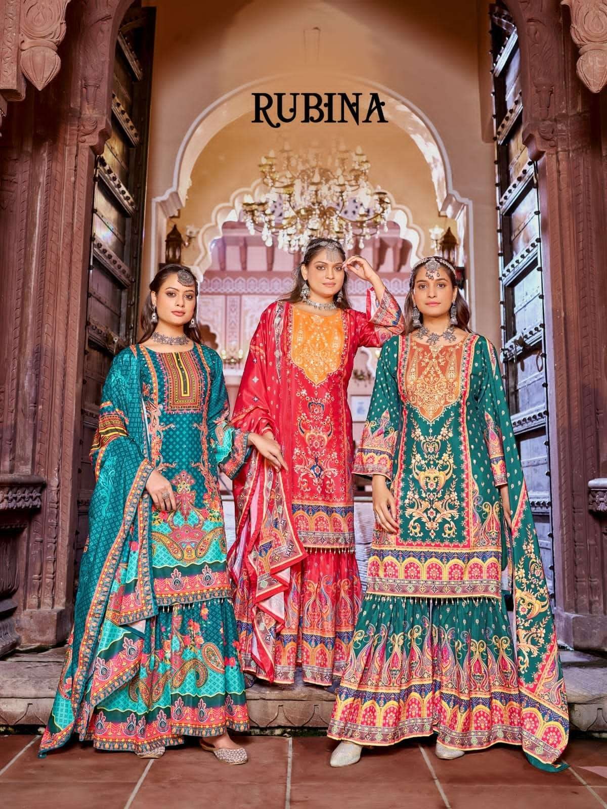 RUBINA BY MUKESH 1001 TO 1006 SERIES CREPE SILK STITCHED DRESSES
