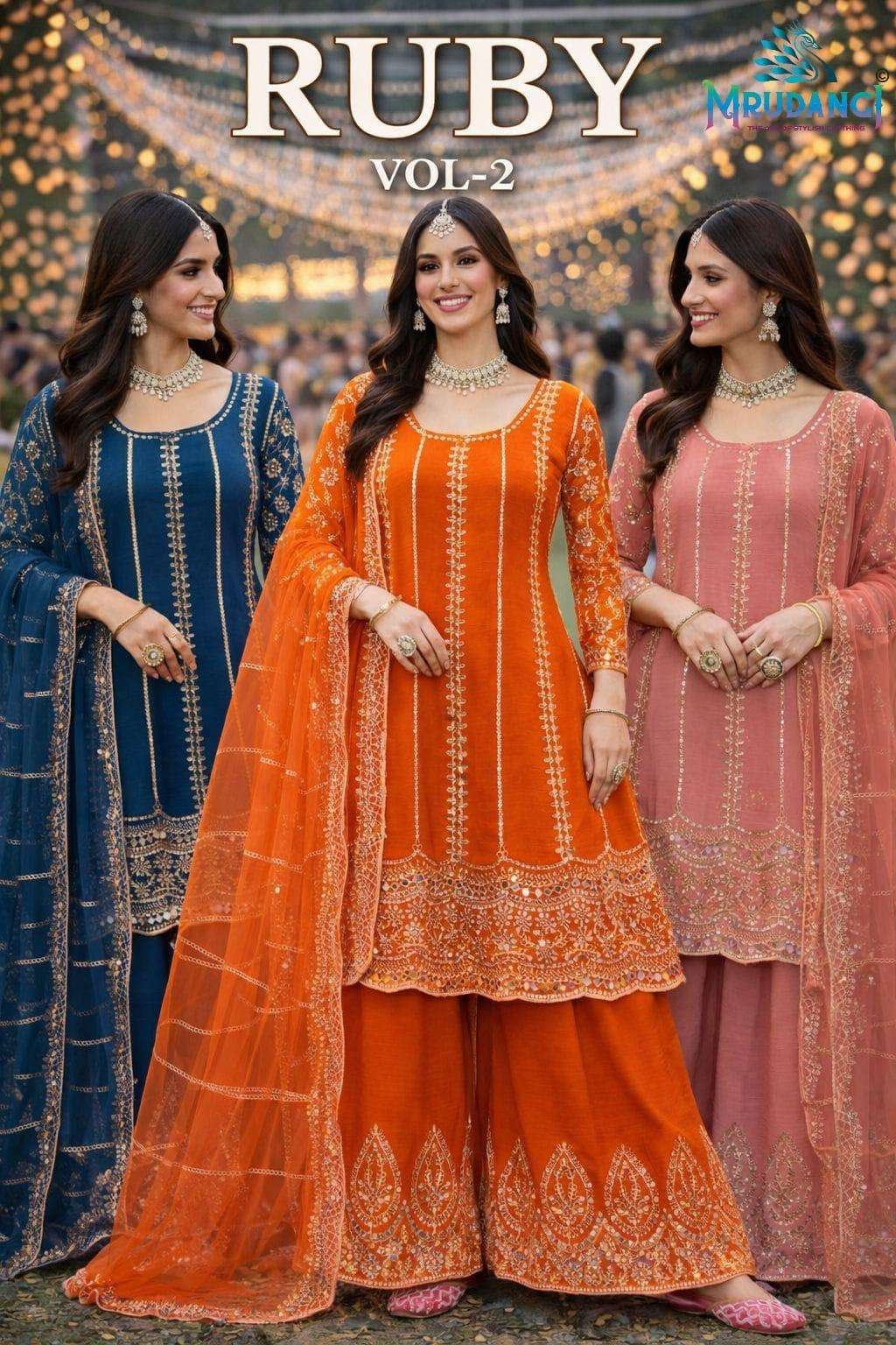 RUBY VOL-2 BY MRUDANGI 821 TO 823 SERIES REAL CHINON STITCHED DRESSES