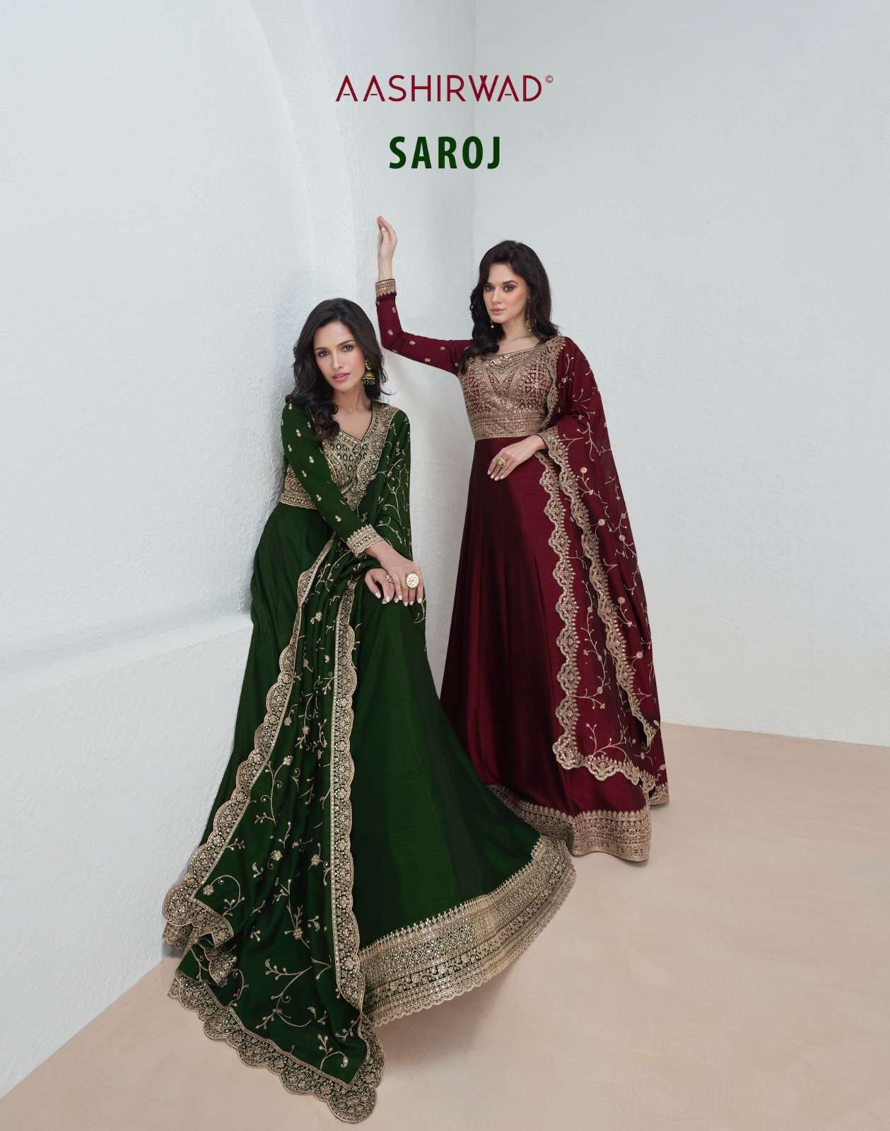 SAROJ BY AASHIRWAD CREATION 9943 TO 9947 SERIES SILK GOWNS WITH DUPATTA