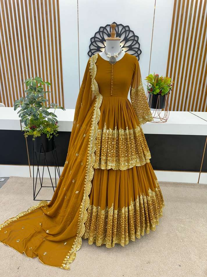 ZF-362 MUSTARD BY SUSWANI FAUX GEORGETTE SEQUENCE WORK GARARA DRESS