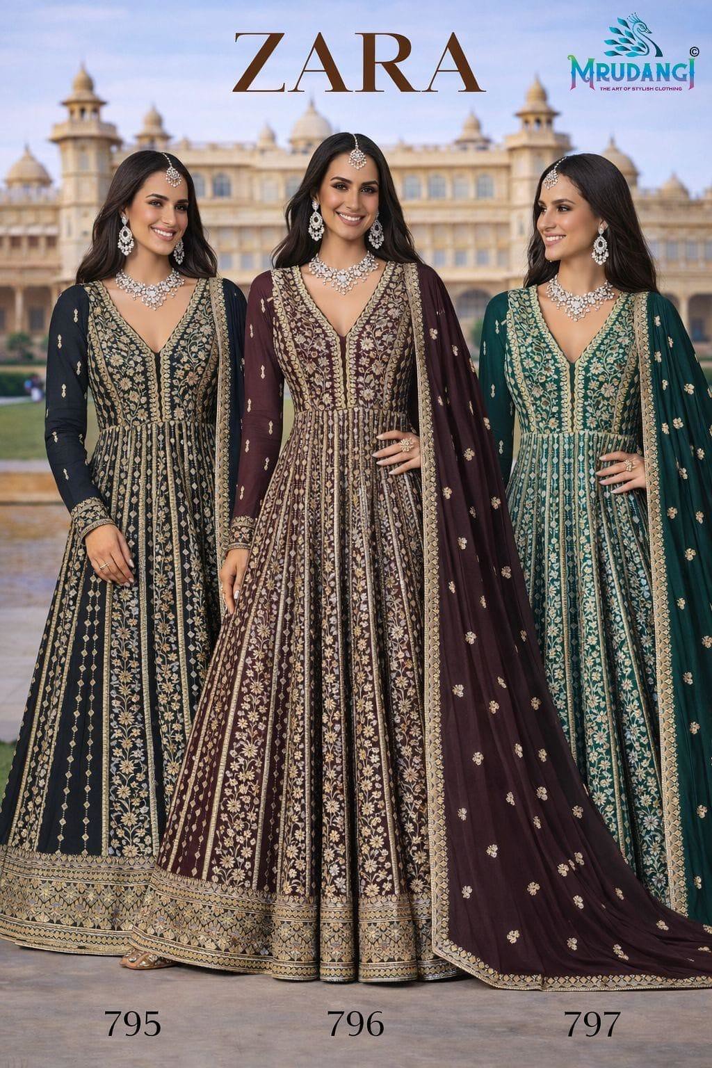 ZARA BY MRUDANGI 795 TO 797 SERIES PREMIUM REAL CHINON SILK GOWNS