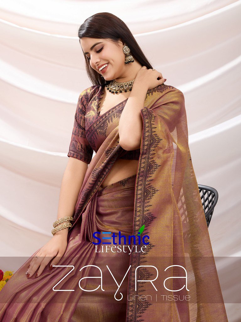 ZAYRA BY SETHNIC 66001 TO 66008 SERIES FANCY LINEN TISSUE SAREES